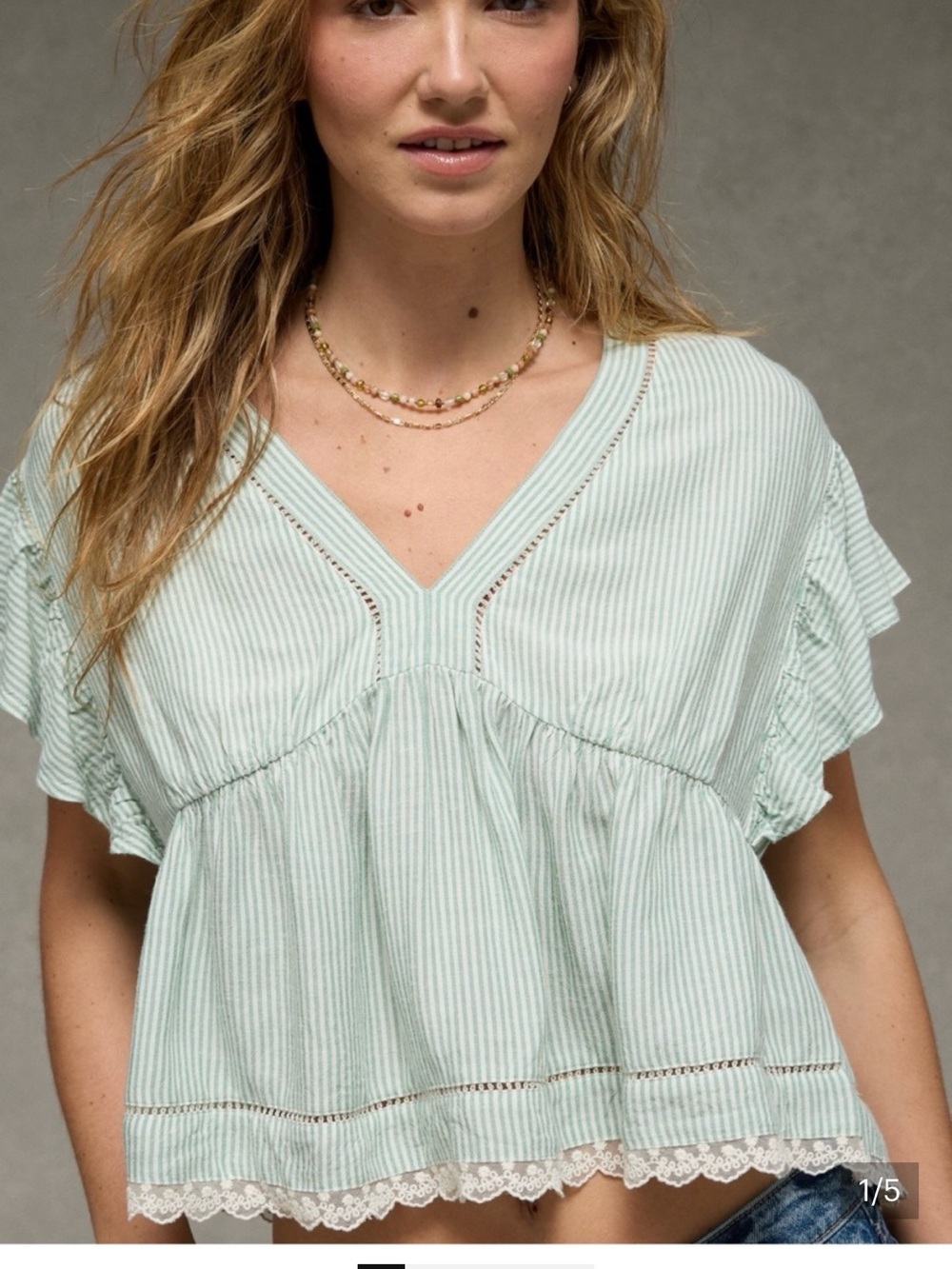 American Eagle Outfitters Light Green & White Striped Peplum Crop Top
